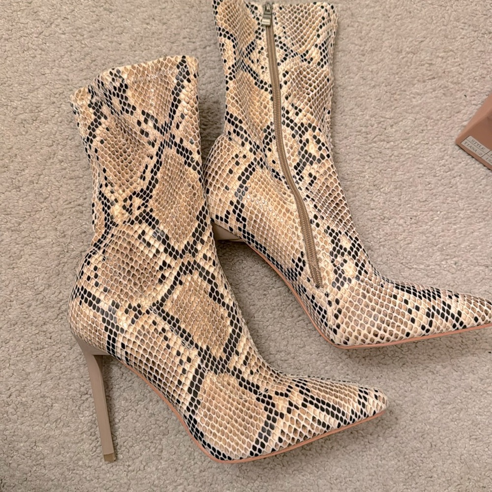 Beige snake effect stiletto boots